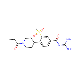 CCC(=O)N1CCC(c2ccc(C(=O)N=C(N)N)cc2S(C)(=O)=O)CC1 ZINC000095557618