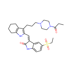 CCC(=O)N1CCN(CCCc2c(/C=C3\C(=O)Nc4ccc(S(=O)(=O)CC)cc43)[nH]c3c2CCCC3)CC1 ZINC000029558060