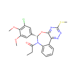 CCC(=O)N1c2ccccc2-c2nnc(SC)nc2O[C@H]1c1cc(Cl)c(OC)c(OC)c1 ZINC000000684496