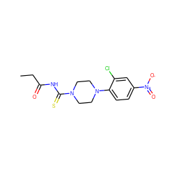 CCC(=O)NC(=S)N1CCN(c2ccc([N+](=O)[O-])cc2Cl)CC1 ZINC000005067954