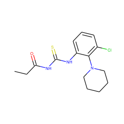 CCC(=O)NC(=S)Nc1cccc(Cl)c1N1CCCCC1 ZINC000002865885