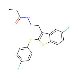 CCC(=O)NCCc1c(Sc2ccc(F)cc2)sc2ccc(F)cc12 ZINC000006745452