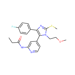 CCC(=O)Nc1cc(-c2c(-c3ccc(F)cc3)nc(SC)n2CCOC)ccn1 ZINC000064528282