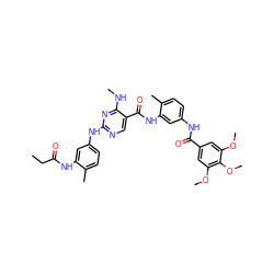 CCC(=O)Nc1cc(Nc2ncc(C(=O)Nc3cc(NC(=O)c4cc(OC)c(OC)c(OC)c4)ccc3C)c(NC)n2)ccc1C ZINC001772616744