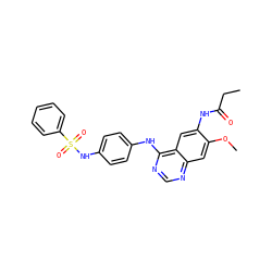 CCC(=O)Nc1cc2c(Nc3ccc(NS(=O)(=O)c4ccccc4)cc3)ncnc2cc1OC ZINC001772608223