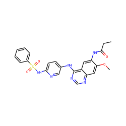 CCC(=O)Nc1cc2c(Nc3ccc(NS(=O)(=O)c4ccccc4)nc3)ncnc2cc1OC ZINC001772571188