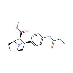 CCC(=O)Nc1ccc([C@H]2C[C@H]3CC[C@@H]([C@H]2C(=O)OC)N3C)cc1 ZINC000036177166