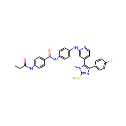 CCC(=O)Nc1ccc(C(=O)Nc2ccc(Nc3cc(-c4c(-c5ccc(F)cc5)nc(SC)n4C)ccn3)cc2)cc1 ZINC001772618600