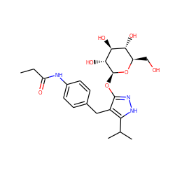 CCC(=O)Nc1ccc(Cc2c(O[C@@H]3O[C@H](CO)[C@@H](O)[C@H](O)[C@H]3O)n[nH]c2C(C)C)cc1 ZINC000095581676