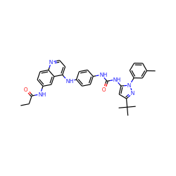 CCC(=O)Nc1ccc2nccc(Nc3ccc(NC(=O)Nc4cc(C(C)(C)C)nn4-c4cccc(C)c4)cc3)c2c1 ZINC000049678840