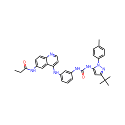 CCC(=O)Nc1ccc2nccc(Nc3cccc(NC(=O)Nc4cc(C(C)(C)C)nn4-c4ccc(C)cc4)c3)c2c1 ZINC000049677911