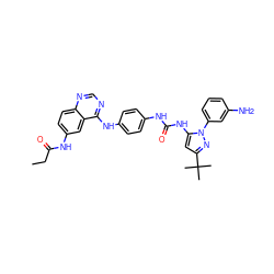 CCC(=O)Nc1ccc2ncnc(Nc3ccc(NC(=O)Nc4cc(C(C)(C)C)nn4-c4cccc(N)c4)cc3)c2c1 ZINC000089469521