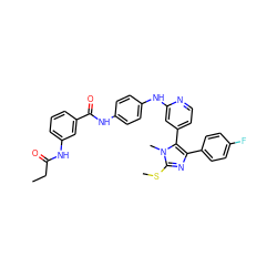 CCC(=O)Nc1cccc(C(=O)Nc2ccc(Nc3cc(-c4c(-c5ccc(F)cc5)nc(SC)n4C)ccn3)cc2)c1 ZINC001772606618