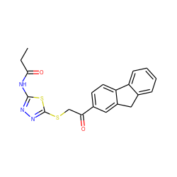 CCC(=O)Nc1nnc(SCC(=O)c2ccc3c(c2)Cc2ccccc2-3)s1 ZINC000004501844