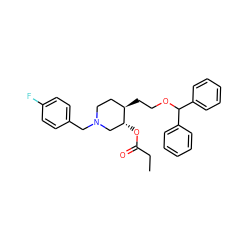 CCC(=O)O[C@@H]1CN(Cc2ccc(F)cc2)CC[C@H]1CCOC(c1ccccc1)c1ccccc1 ZINC000013493985