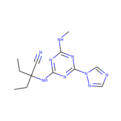 CCC(C#N)(CC)Nc1nc(NC)nc(-n2cncn2)n1 ZINC000095921183