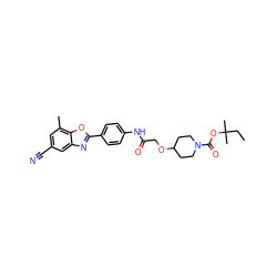 CCC(C)(C)OC(=O)N1CCC(OCC(=O)Nc2ccc(-c3nc4cc(C#N)cc(C)c4o3)cc2)CC1 ZINC000066263028