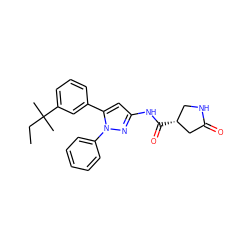 CCC(C)(C)c1cccc(-c2cc(NC(=O)[C@@H]3CNC(=O)C3)nn2-c2ccccc2)c1 ZINC000169706995