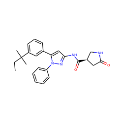 CCC(C)(C)c1cccc(-c2cc(NC(=O)[C@H]3CNC(=O)C3)nn2-c2ccccc2)c1 ZINC000169706994