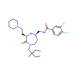 CCC(C)(CC)CN1CC[C@H](CNC(=O)c2ccc(Cl)c(Cl)c2)N[C@H](CCN2CCCCC2)C1=O ZINC000206908137