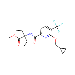 CCC(CC)(NC(=O)c1ccc(C(F)(F)F)c(OCC2CC2)n1)C(=O)OC ZINC000150028443