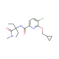 CCC(CC)(NC(=O)c1ccc(Cl)c(OCC2CC2)n1)C(=O)NC ZINC000206694897