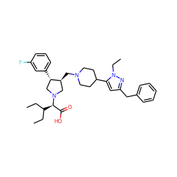 CCC(CC)[C@H](C(=O)O)N1C[C@H](CN2CCC(c3cc(Cc4ccccc4)nn3CC)CC2)[C@@H](c2cccc(F)c2)C1 ZINC000096302067