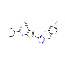 CCC(CC)C(=O)Nc1sc(-c2nc(Cc3ccc(Cl)cc3Cl)no2)c(C)c1C#N ZINC000036412653