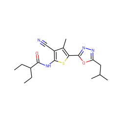 CCC(CC)C(=O)Nc1sc(-c2nnc(CC(C)C)o2)c(C)c1C#N ZINC000028125208