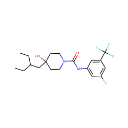 CCC(CC)CC1(O)CCN(C(=O)Nc2cc(F)cc(C(F)(F)F)c2)CC1 ZINC000163643234