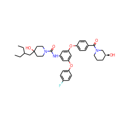 CCC(CC)CC1(O)CCN(C(=O)Nc2cc(Oc3ccc(F)cc3)cc(Oc3ccc(C(=O)N4CCC[C@H](O)C4)cc3)c2)CC1 ZINC000223230668