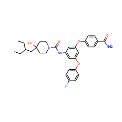 CCC(CC)CC1(O)CCN(C(=O)Nc2cc(Oc3ccc(F)cc3)cc(Oc3ccc(C(N)=O)cc3)c2)CC1 ZINC000223229921