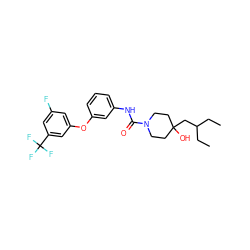 CCC(CC)CC1(O)CCN(C(=O)Nc2cccc(Oc3cc(F)cc(C(F)(F)F)c3)c2)CC1 ZINC000261124169