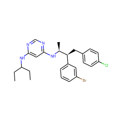 CCC(CC)Nc1cc(N[C@@H](C)[C@@H](Cc2ccc(Cl)cc2)c2cccc(Br)c2)ncn1 ZINC000043071767