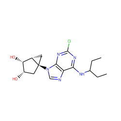 CCC(CC)Nc1nc(Cl)nc2c1ncn2[C@@]12C[C@H](O)[C@H](O)[C@@H]1C2 ZINC001772582716