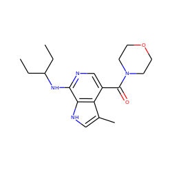 CCC(CC)Nc1ncc(C(=O)N2CCOCC2)c2c(C)c[nH]c12 ZINC000045291518