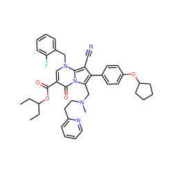 CCC(CC)OC(=O)c1cn(Cc2ccccc2F)c2c(C#N)c(-c3ccc(OC4CCCC4)cc3)c(CN(C)CCc3ccccn3)n2c1=O ZINC000027316813