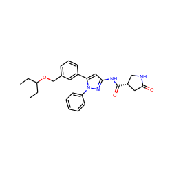 CCC(CC)OCc1cccc(-c2cc(NC(=O)[C@@H]3CNC(=O)C3)nn2-c2ccccc2)c1 ZINC000169707250