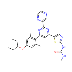 CCC(CC)Oc1cc(C)c(-c2cc(-c3cnc(NC(=O)NC)s3)nc(-c3cnccn3)n2)c(C)c1 ZINC000084707536