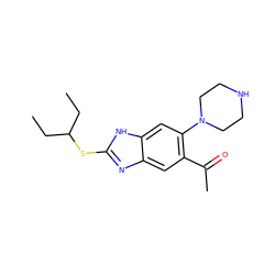 CCC(CC)Sc1nc2cc(C(C)=O)c(N3CCNCC3)cc2[nH]1 ZINC000029050266