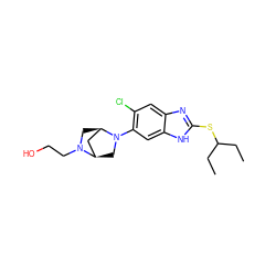 CCC(CC)Sc1nc2cc(Cl)c(N3C[C@@H]4C[C@H]3CN4CCO)cc2[nH]1 ZINC000040954969