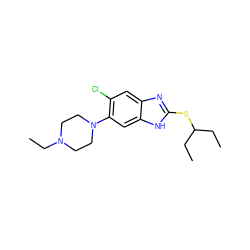 CCC(CC)Sc1nc2cc(Cl)c(N3CCN(CC)CC3)cc2[nH]1 ZINC000029050071