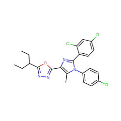 CCC(CC)c1nnc(-c2nc(-c3ccc(Cl)cc3Cl)n(-c3ccc(Cl)cc3)c2C)o1 ZINC000040864139