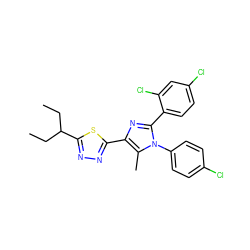 CCC(CC)c1nnc(-c2nc(-c3ccc(Cl)cc3Cl)n(-c3ccc(Cl)cc3)c2C)s1 ZINC000040875701