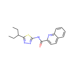 CCC(CC)c1nnc(NC(=O)c2ccc3ccccc3n2)s1 ZINC000002629008