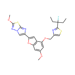 CCC(F)(CC)c1nc(COc2cc(OC)cc3oc(-c4cn5nc(OC)sc5n4)cc23)cs1 ZINC000653679925