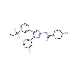 CCC(F)(F)c1cccc(-c2cc(NC(=O)[C@@H]3CCC(=O)NC3)nn2-c2cccc(F)c2)c1 ZINC000169707112