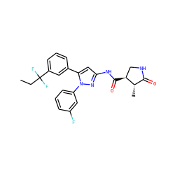 CCC(F)(F)c1cccc(-c2cc(NC(=O)[C@H]3CNC(=O)[C@@H]3C)nn2-c2cccc(F)c2)c1 ZINC000169707111