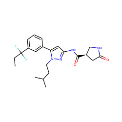 CCC(F)(F)c1cccc(-c2cc(NC(=O)[C@H]3CNC(=O)C3)nn2CCC(C)C)c1 ZINC000169707081