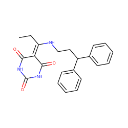 CCC(NCCC(c1ccccc1)c1ccccc1)=C1C(=O)NC(=O)NC1=O ZINC000100616087